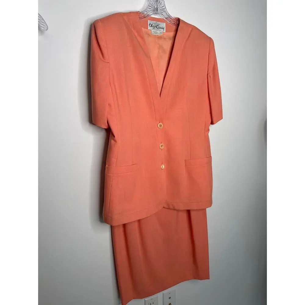 1980s Oleg Cassini peach two piece skirt suit size 10